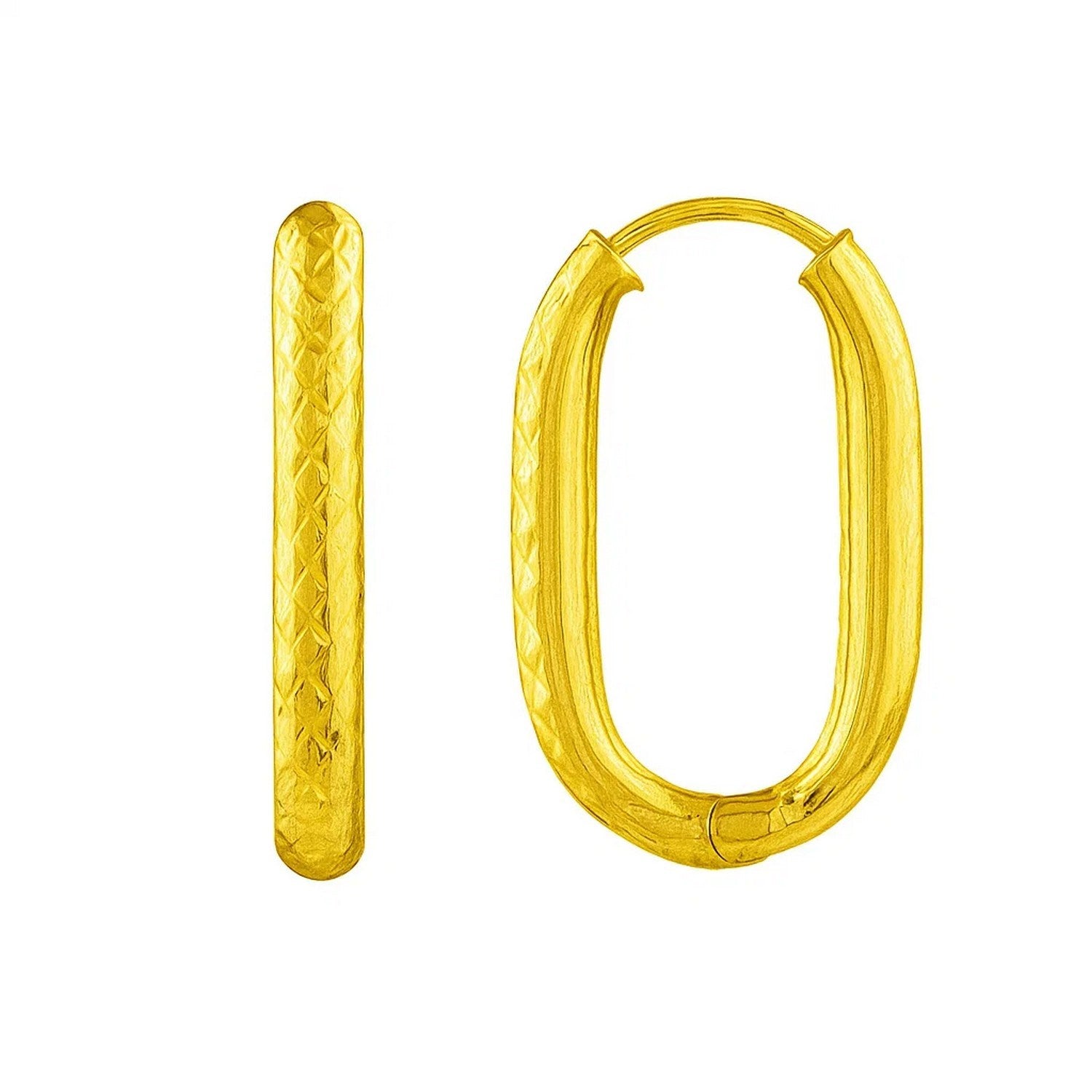 Endless Engraved Paperclip Hoop Earrings in 14K Yellow Gold in a sleek high-contrast midnight luxury editorial style